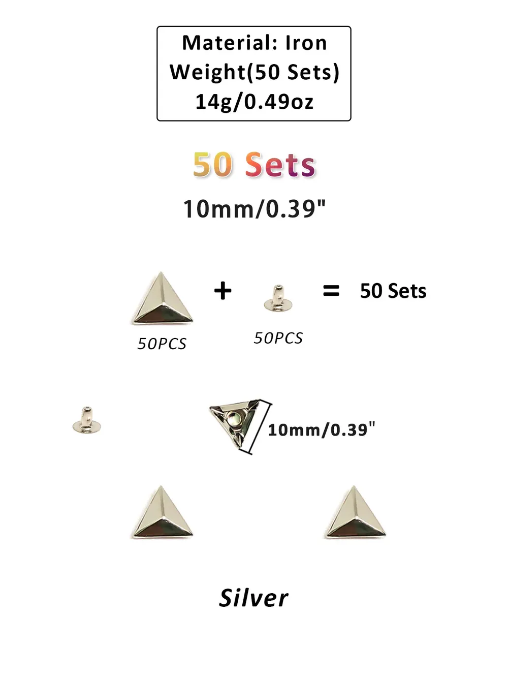 Dreieck Nieten 10mm bis 15mm für Gürtel und Taschen 50 Sets