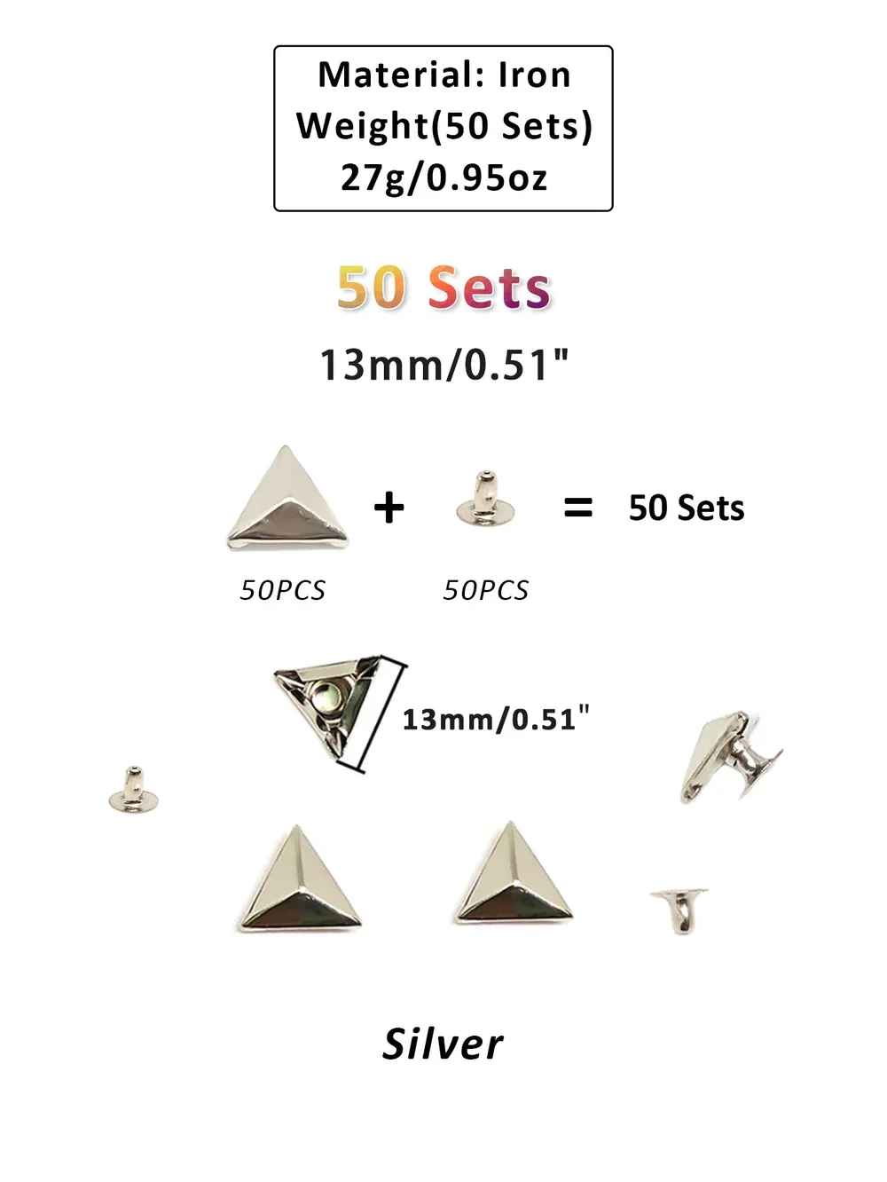 Dreieck Nieten 10mm bis 15mm für Gürtel und Taschen 50 Sets