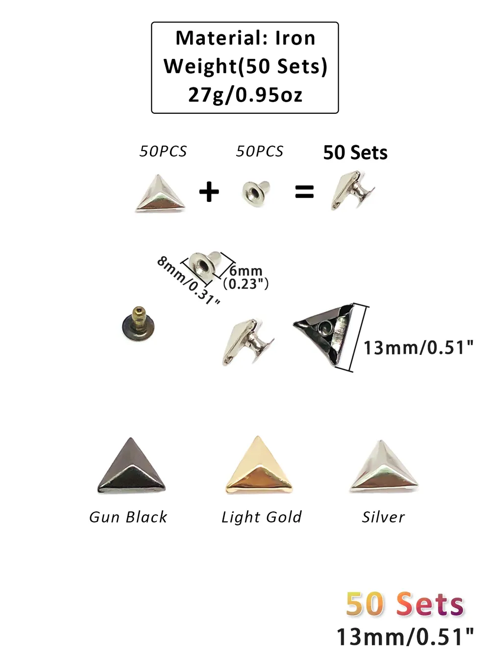 Dreieck Nieten 10mm bis 15mm für Gürtel und Taschen 50 Sets