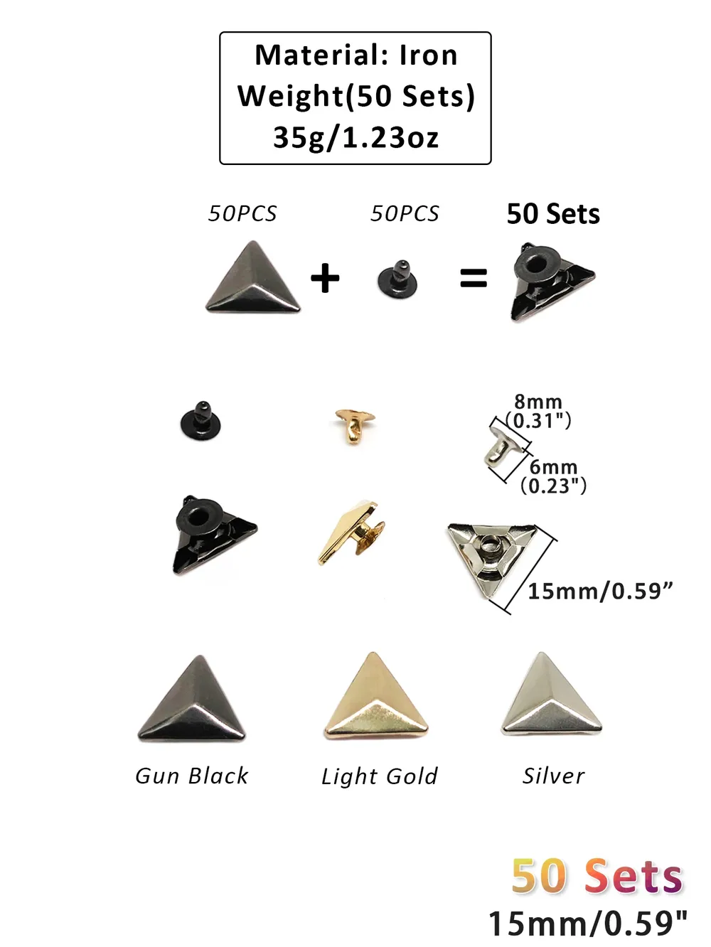 Dreieck Nieten 10mm bis 15mm für Gürtel und Taschen 50 Sets