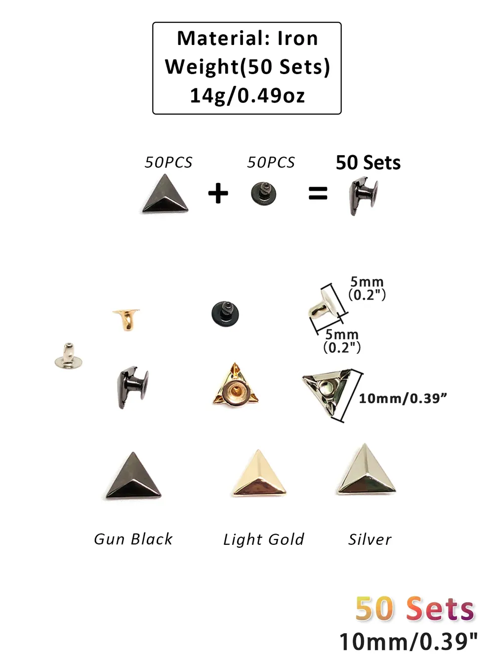 Dreieck Nieten 10mm bis 15mm für Gürtel und Taschen 50 Sets