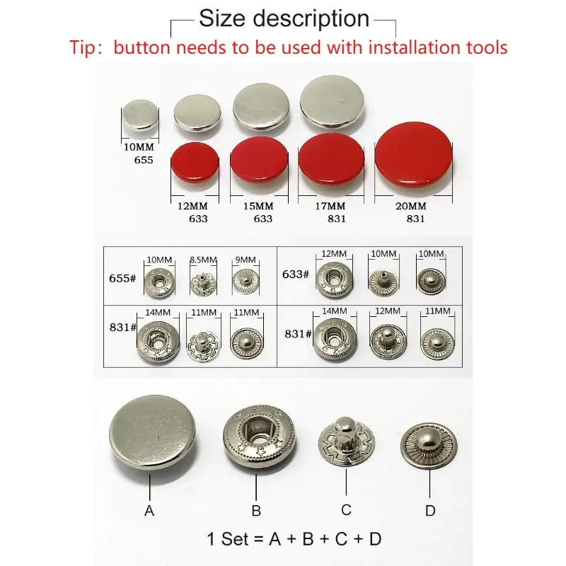 Druckknopf Metall 100 Sets für Leder Kleidung Taschen 10 bis 17 mm