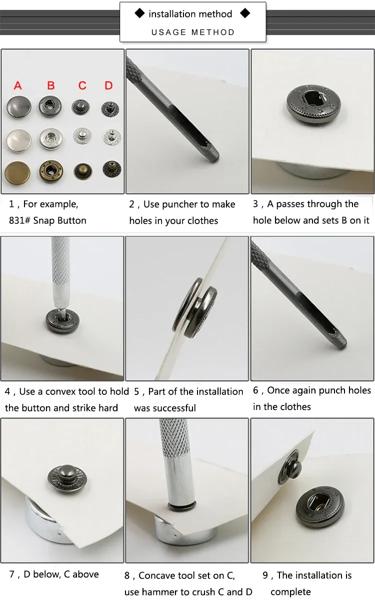 Druckknopf Metall 100 Sets für Leder Kleidung Taschen 10 bis 17 mm
