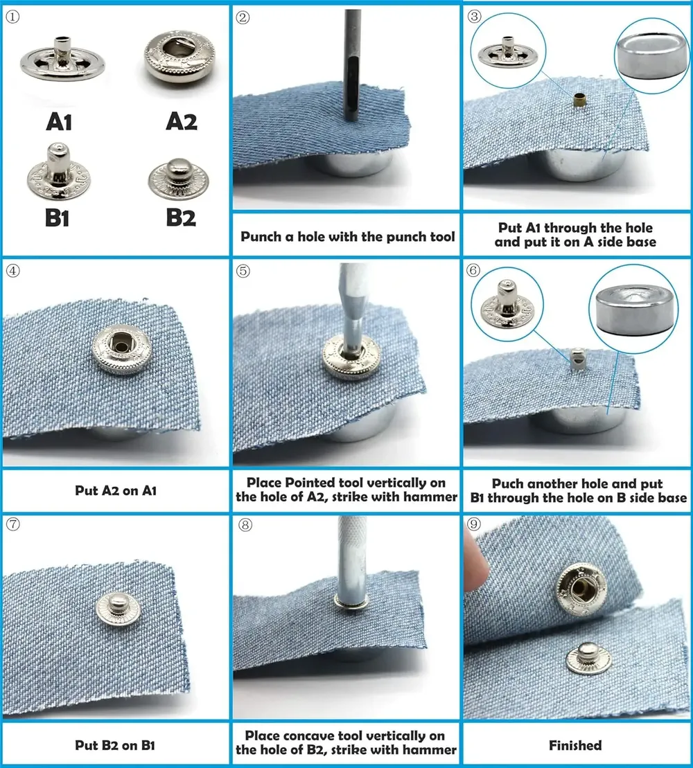 Druckknopf Set Leder Messing 12 Sets für Kleidung Taschen 15 mm