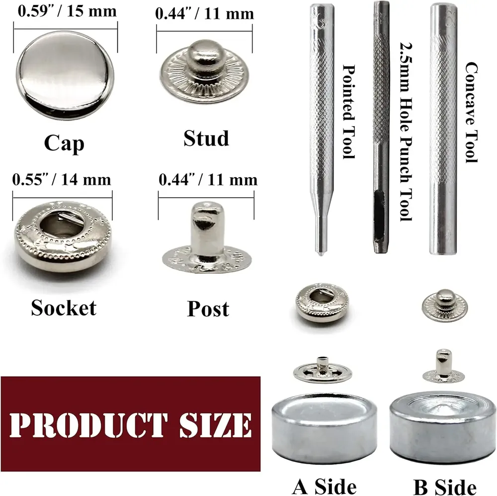 Druckknopf Set Leder Messing 12 Sets für Kleidung Taschen 15 mm