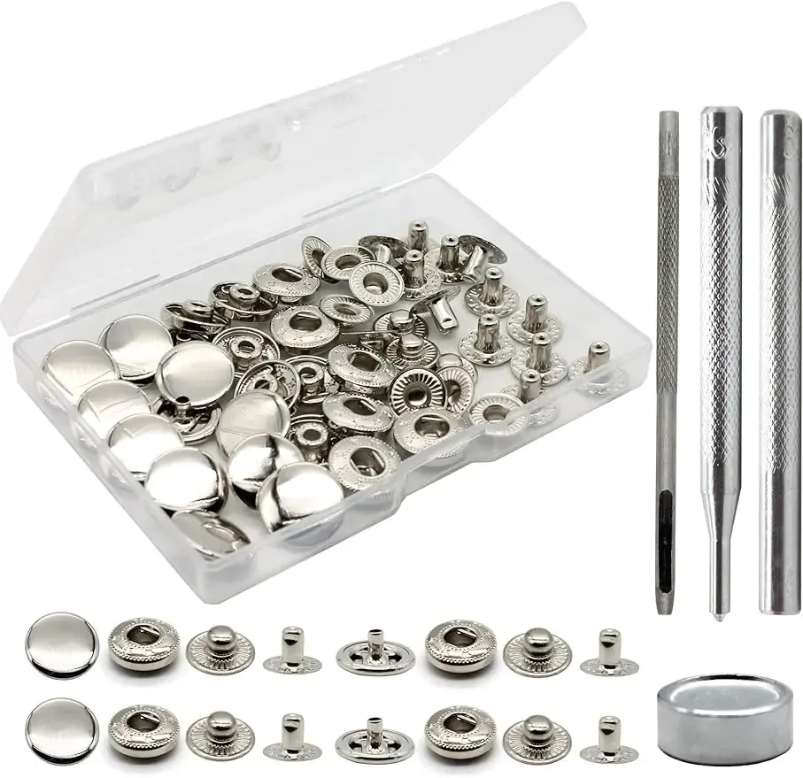 Druckknopf Set Leder Messing 12 Sets für Kleidung Taschen 15 mm