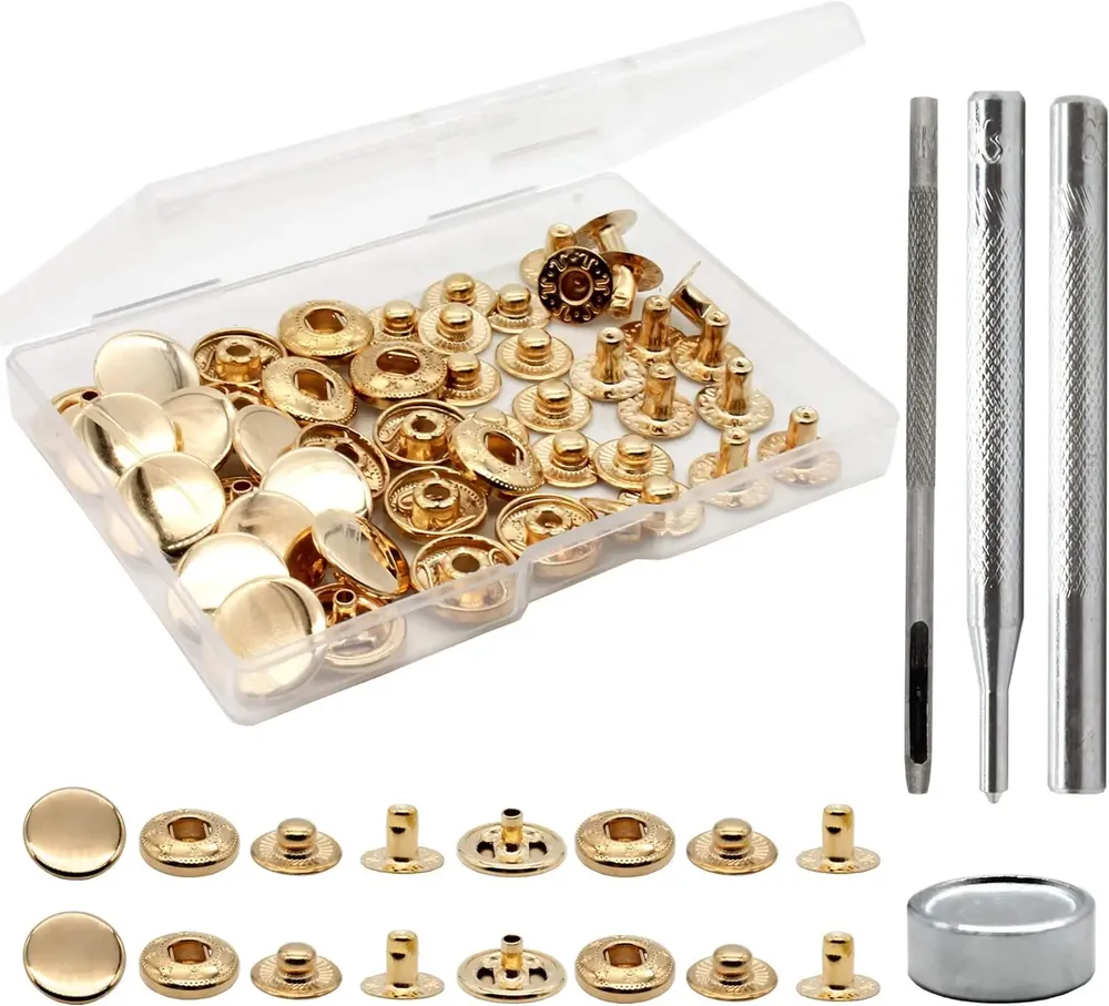 Druckknopf Set Leder Messing 12 Sets für Kleidung Taschen 15 mm