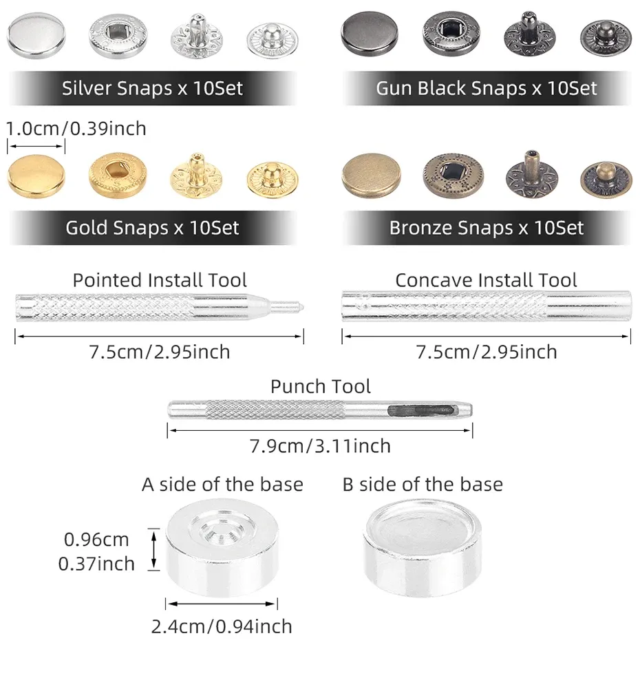 Druckknopf Set Leder Metall 40 Sets mit Werkzeug für Kleidung Taschen