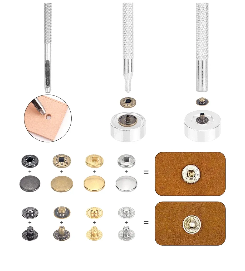 Druckknopf Set Leder Metall 40 Sets mit Werkzeug für Kleidung Taschen
