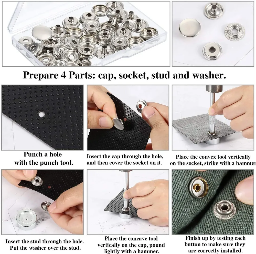 Druckknopf Set Metall 12 Sets für Leder Taschen Kleidung 10 bis 15 mm
