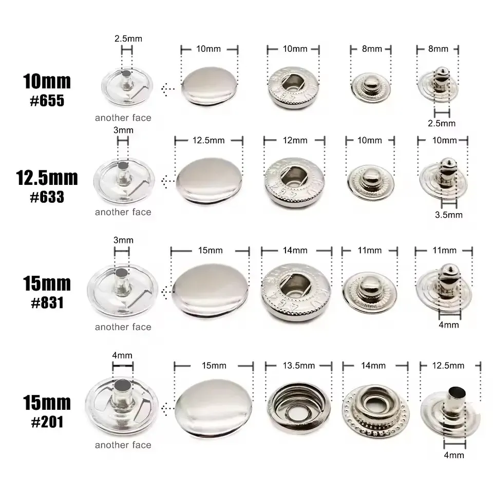 Druckknopf Set Metall 12 Sets für Leder Taschen Kleidung 10 bis 15 mm