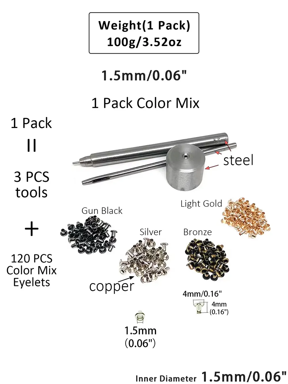 Kupferfarbene Ösen mit Werkzeug 1,5 bis 2,5 mm 120 Stück