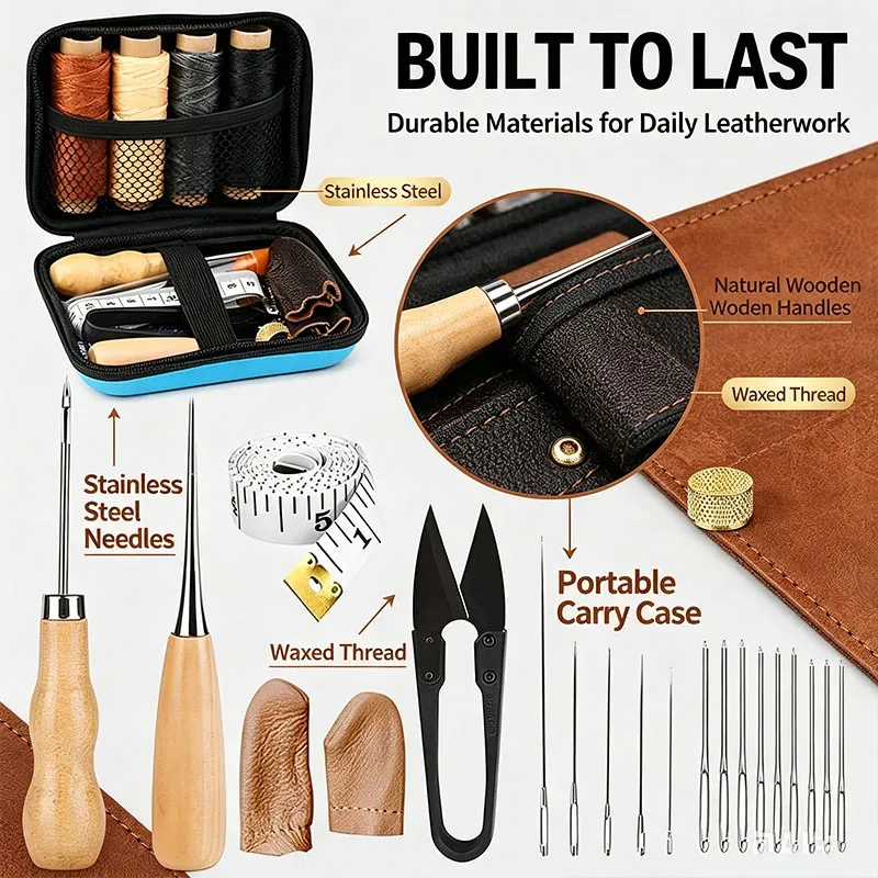 Leder Nähwerkzeug Set mit Faden und Nadeln