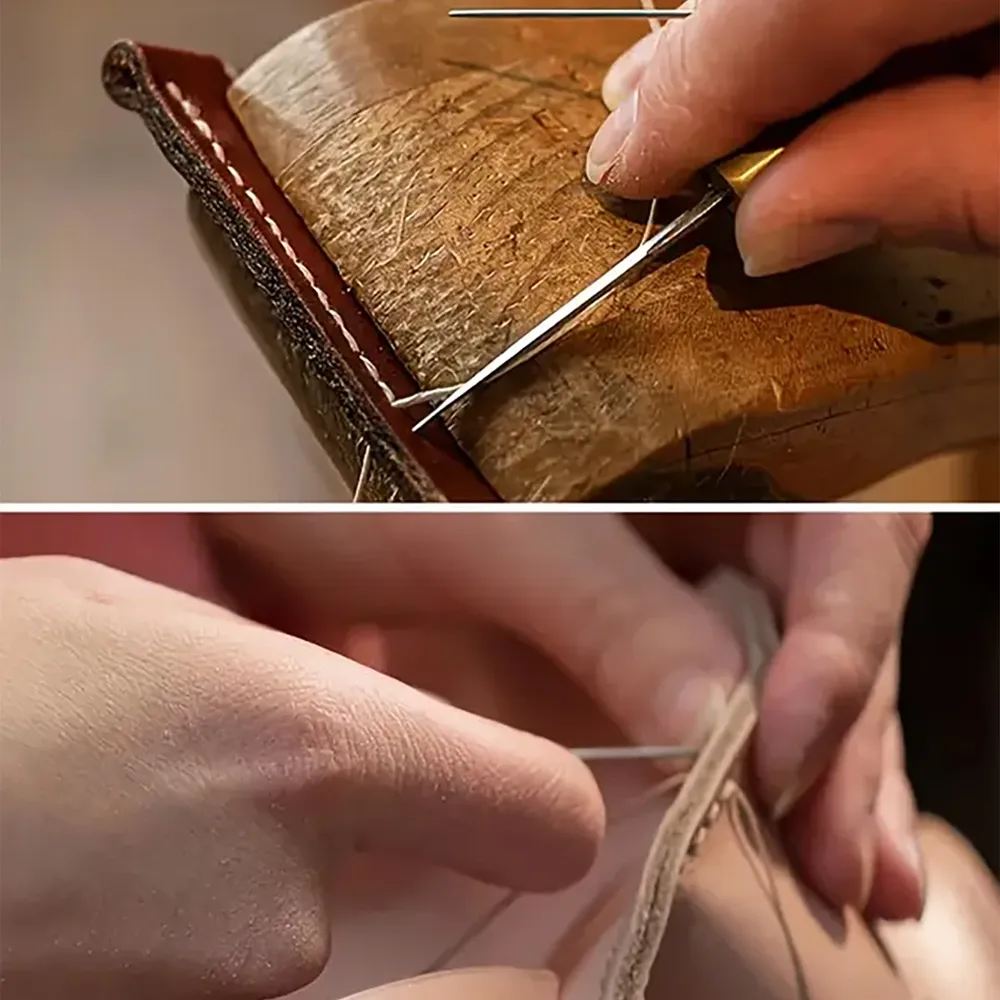 Lederhandwerk Nähset mit Faden und Nadel mit Holzgriff